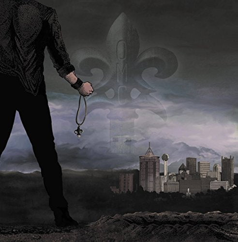 "Album cover featuring a person holding a rosary with a cityscape in the background."
