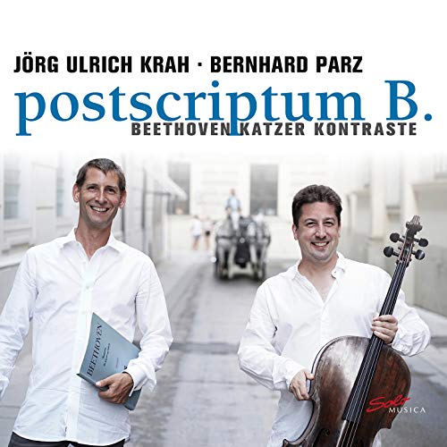 CD cover featuring two men with musical instruments and city background.