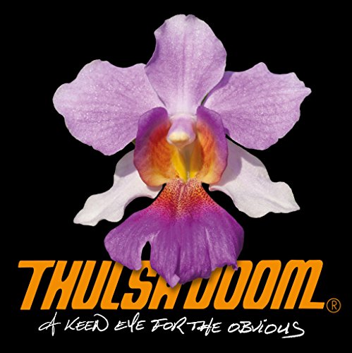 PurpleLila and yellowL purple orchid flower above orange and white text on black background.