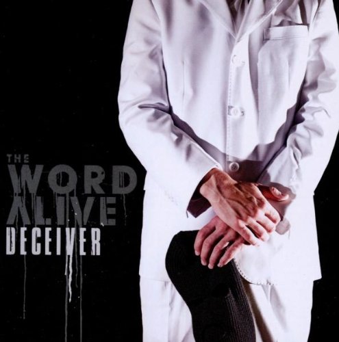 "Man in white lab coat holding black mask, with album title 'The Word Alive: Deceiver'."