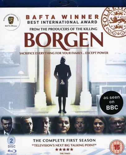 "Borgen Blu-ray cover featuring a woman in a coat standing in a government building."