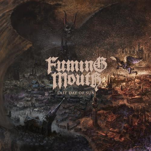 Dark fantasy album cover with a ruined city, winged figures, and band logo.