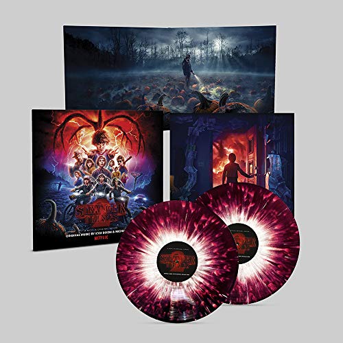 Stranger Things 2" soundtrack vinyl with character artwork and marbled red records.