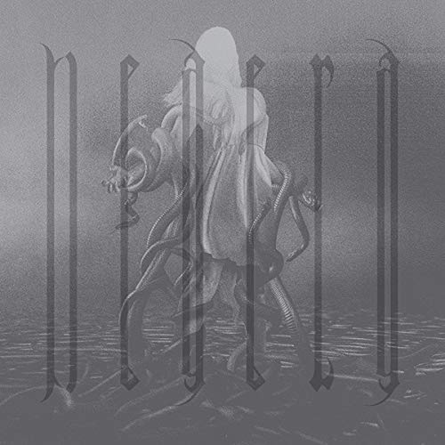The image is a grayscale album cover with a hooded figure and abstract design.
