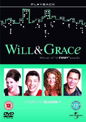 "Will & Grace Season 1 DVD cover with main cast photos and cityscape design."
