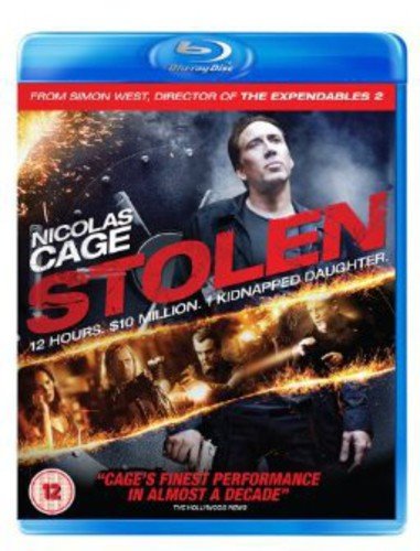 Stolen" Blu-ray cover featuring Nicolas Cage and fiery action scene.