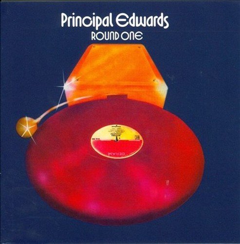 Album cover with red vinyl record and orange record player on dark blue background.