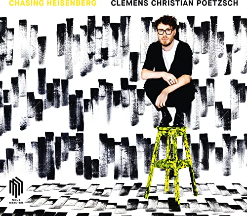 CD cover: Man in glasses squats on a yellow stool, abstract background.