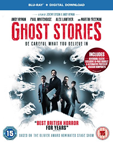 "Blu-ray cover for 'Ghost Stories' with three men surrounded by ghostly hands."