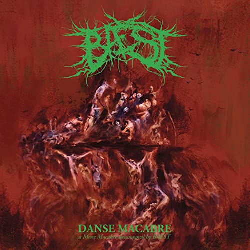 Baest album cover: a chaotic, red-toned painting of figures in turmoil.