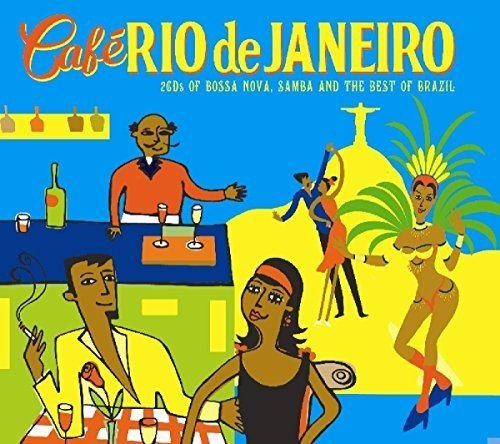 "Vibrant cartoon image of a cafe scene with dancing figures and Christ the Redeemer statue."