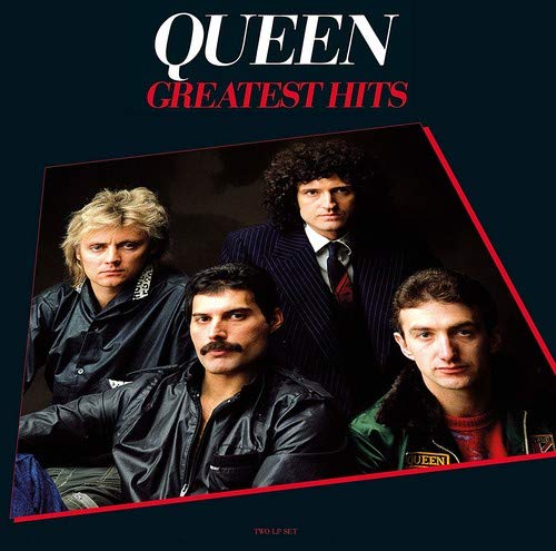 "Queen Greatest Hits vinyl album cover featuring a photo of the four band members."