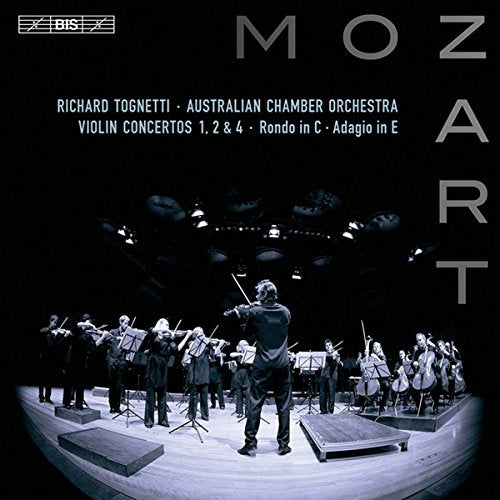 CD cover for Mozart violin concertos featuring an orchestra and conductor.