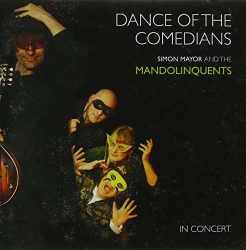 "CD cover with four masked musicians against a black background, 'Dance of the Comedians'."
