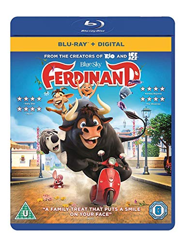 Ferdinand" Blu-ray cover featuring a bull riding a red scooter with animal friends.