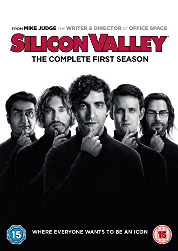"Silicon Valley season 1 DVD cover featuring five men in black shirts."