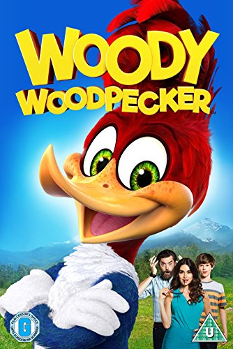 Woody Woodpecker character with three people in front of a mountain landscape on DVD.