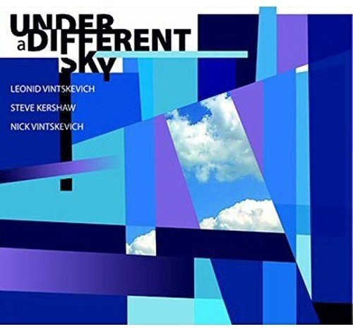 "Album cover with blue geometric shapes and cloudy sky, titled 'Under a Different Sky'."