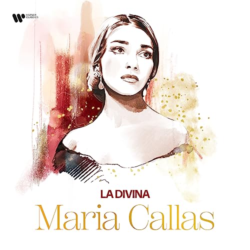 Painted portrait of opera singer Maria Callas with text "La Divina".