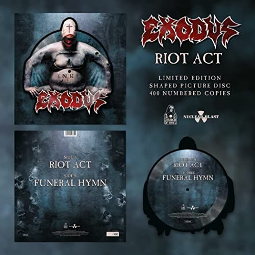 Exodus “Riot Act” vinyl record, shaped like a head with a cross.