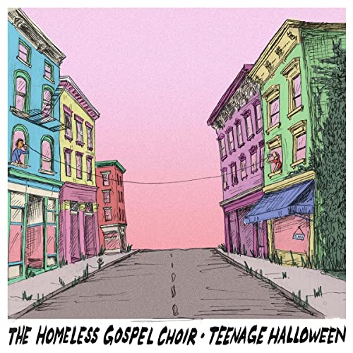 Hand-drawn street scene with colorful buildings, album title below.
