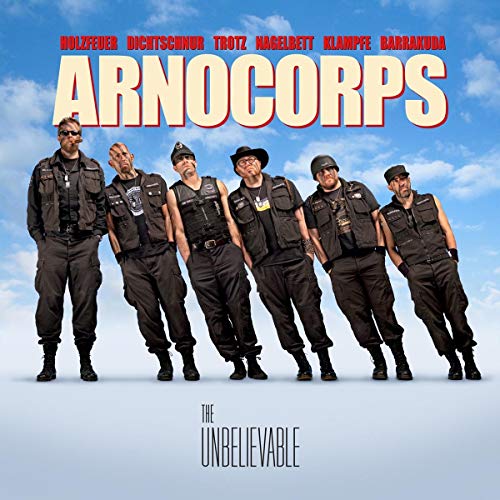 Six men in black uniforms stand in a line against a blue sky.