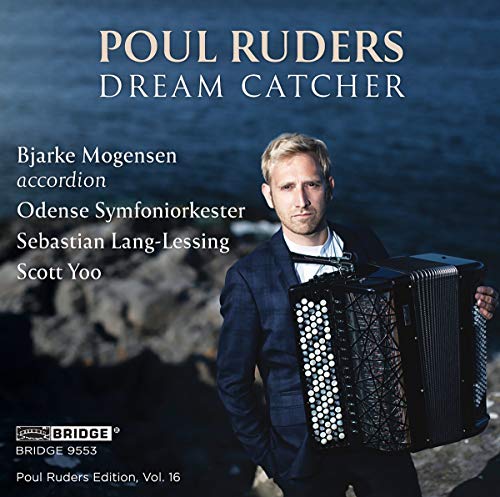 Man in dark suit holding accordion on CD cover with water background.
