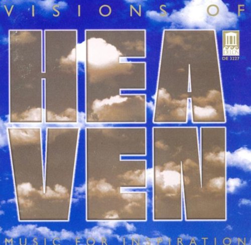 "CD cover with 'Visions of Heaven' text, cloudy blue background, and small logo."