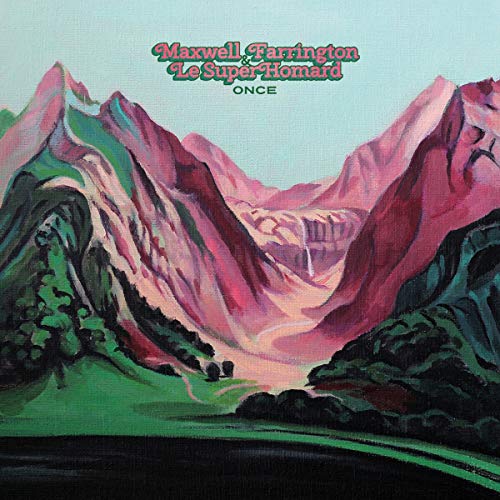 Album cover with a painting of a valley surrounded by pink and green mountains.