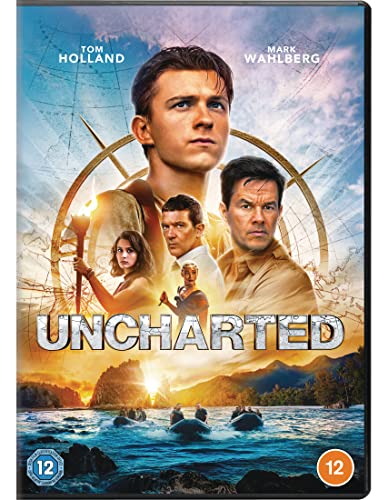Uncharted" DVD cover featuring Tom Holland, Mark Wahlberg, and Sophia Ali.