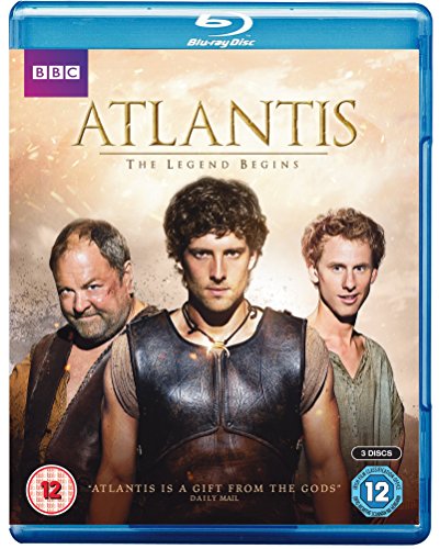 The image depicts the Blu-ray cover for "Atlantis: The Legend Begins." The concise, descriptive alt text is: "Three men in ancient attire on the cover of Atlantis Blu-ray."
