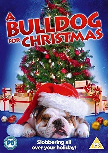 DVD cover: Bulldog wearing a Santa hat in front of a Christmas tree.