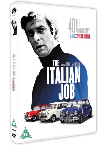 DVD cover featuring Michael Caine and three Mini Coopers, with "The Italian Job" title.