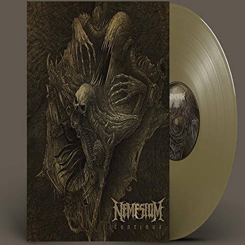 Gold vinyl record with dark, textured album art featuring a skull-like image.