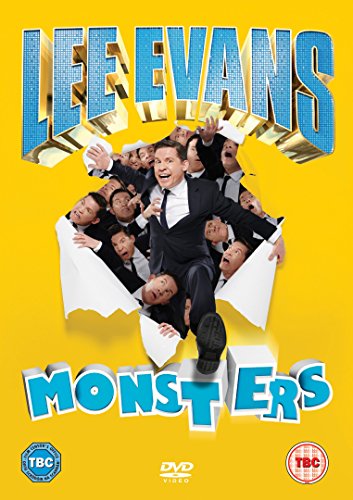 Lee Evans in a suit emerging from torn yellow paper on a DVD cover.