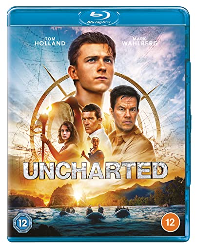 Uncharted Blu-ray cover featuring Tom Holland, Mark Wahlberg, and supporting cast.