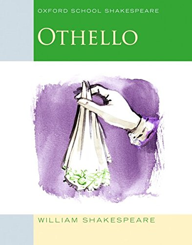 The image depicts the cover of a book titled "Othello" by William Shakespeare. The alt text is: "Book cover with hand holding a white handkerchief against a purple background."