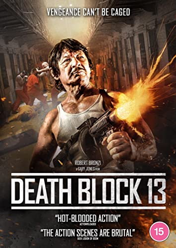 DVD cover for "Death Block 13" featuring a man with a gun in a prison riot.