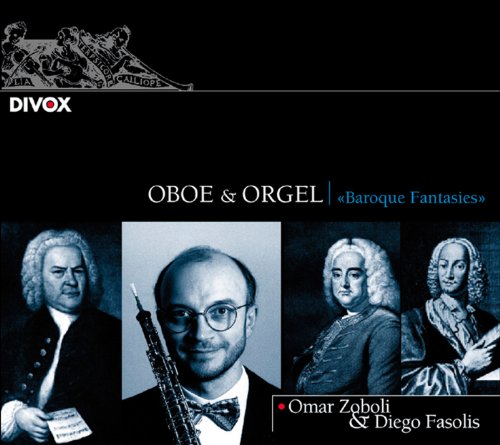 CD cover featuring Oboe and Orgel Baroque Fantasies with portraits of composers and musicians.