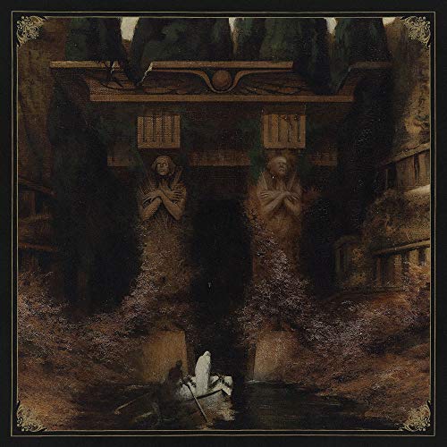 "Vinyl record cover with a dark, mystical painting of two statues and a boat."