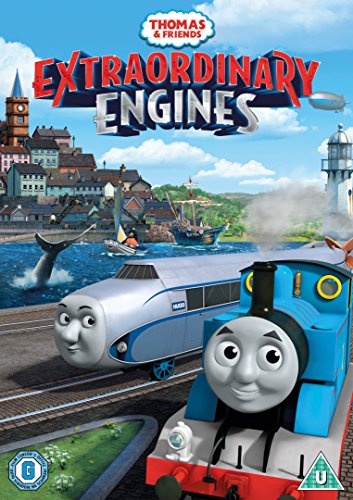 "Thomas the Tank Engine DVD cover featuring cartoon trains on tracks near a harbor."