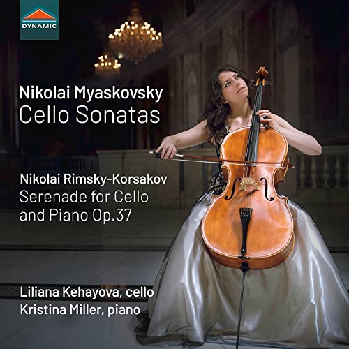 CD cover: cellist Liliana Kehayova with her instrument in a hall.
