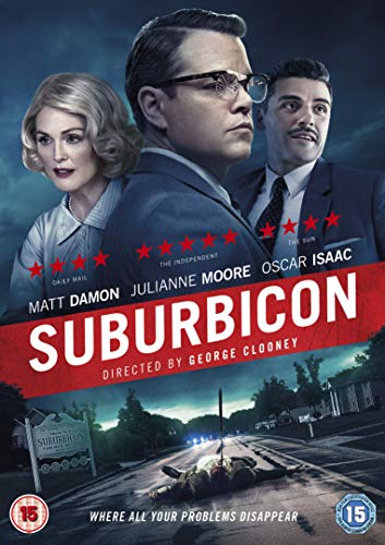 DVD cover for "Suburbicon" featuring three actors and a suburban street scene.