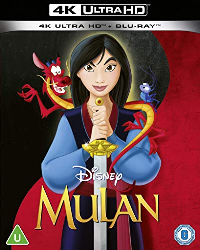 "Disney's Mulan Blu-ray cover featuring cartoon Mulan with a sword and dragon."