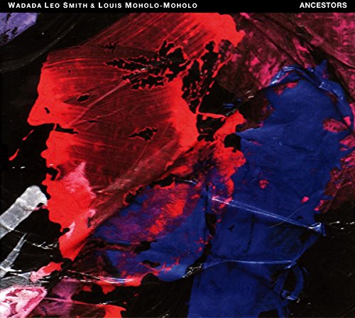 "Album cover with abstract red and blue silhouettes on a black background."