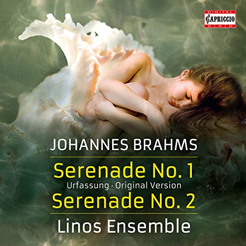 CD cover for Brahms serenades featuring a reclining woman in white fabric.