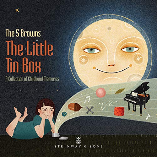 The image is a CD cover for "The 5 Browns: The Little Tin Box". The alt text for this image is: "CD cover with a girl lying on the ground, surrounded by childhood memories."