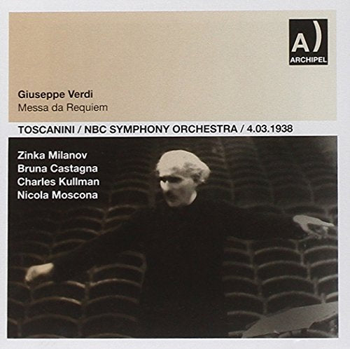 CD cover with a conductor in an empty auditorium, beige and black design.