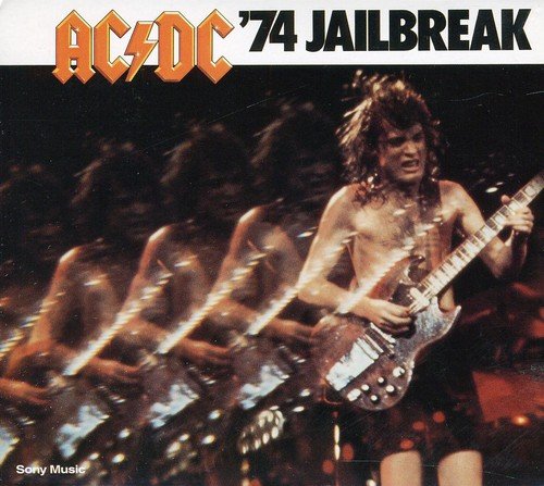 AC/DC '74 Jailbreak album cover featuring a shirtless man playing an electric guitar.