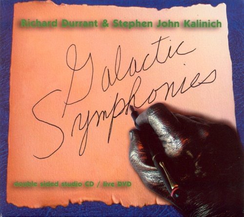"CD cover with hand holding pen on orange paper, blue background, and green text."
